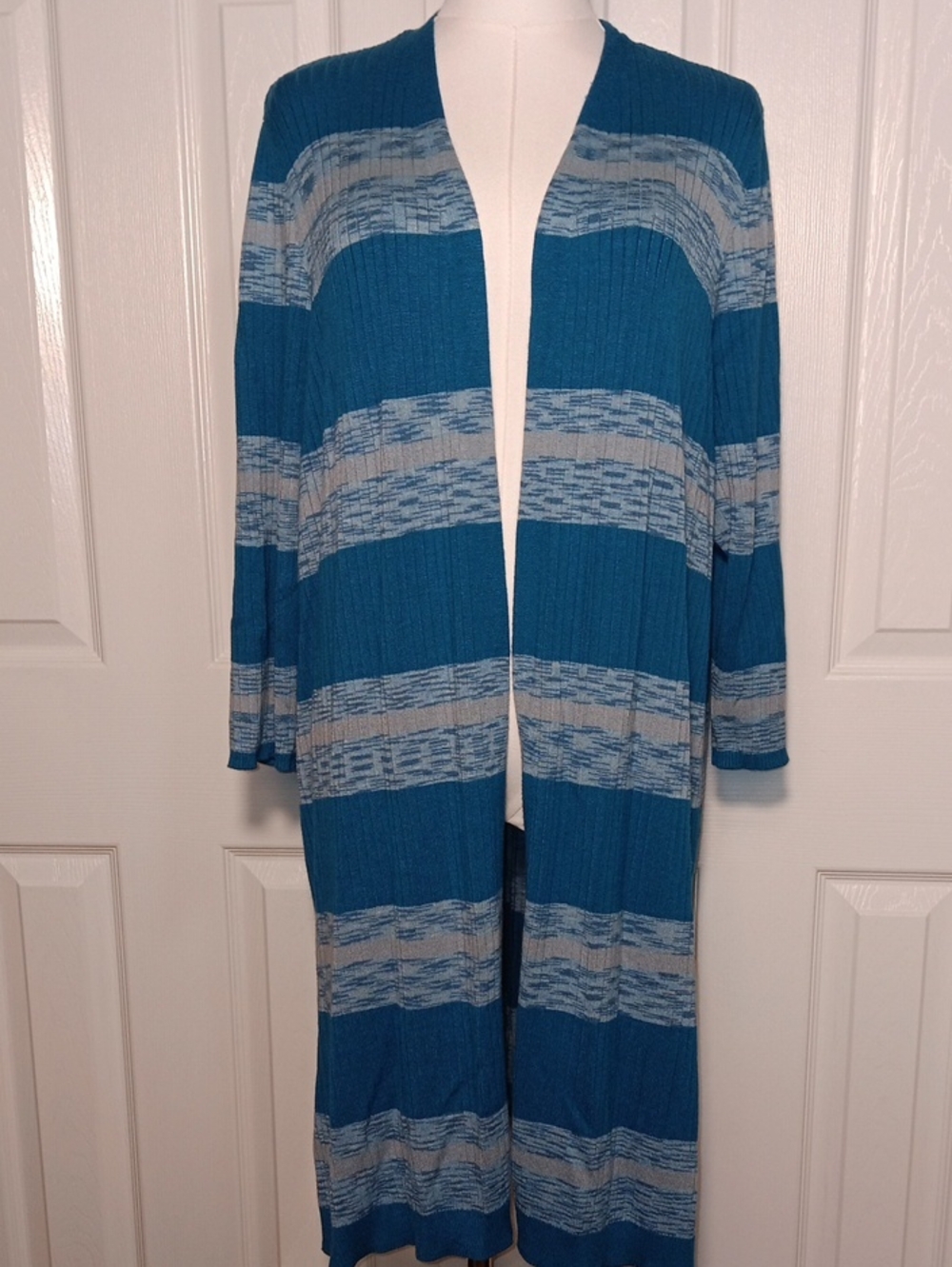 Lane Bryant Teal Striped Ribbed Open Front Duster Cardigan Sweater Plus